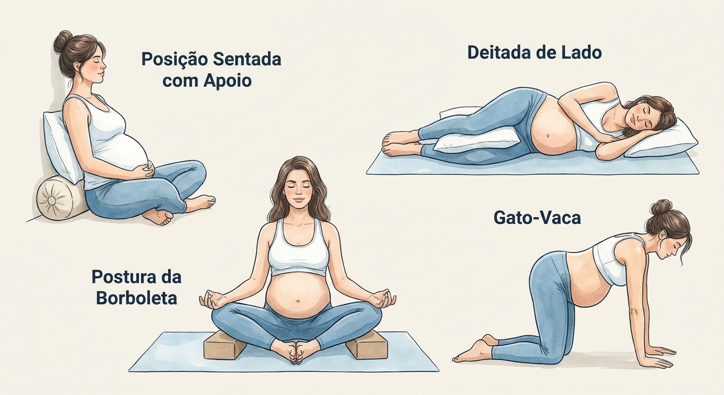 Ilustração de posturas de yoga seguras para gestantes incluindo posição sentada com apoio, deitada de lado, borboleta e gato-vaca
