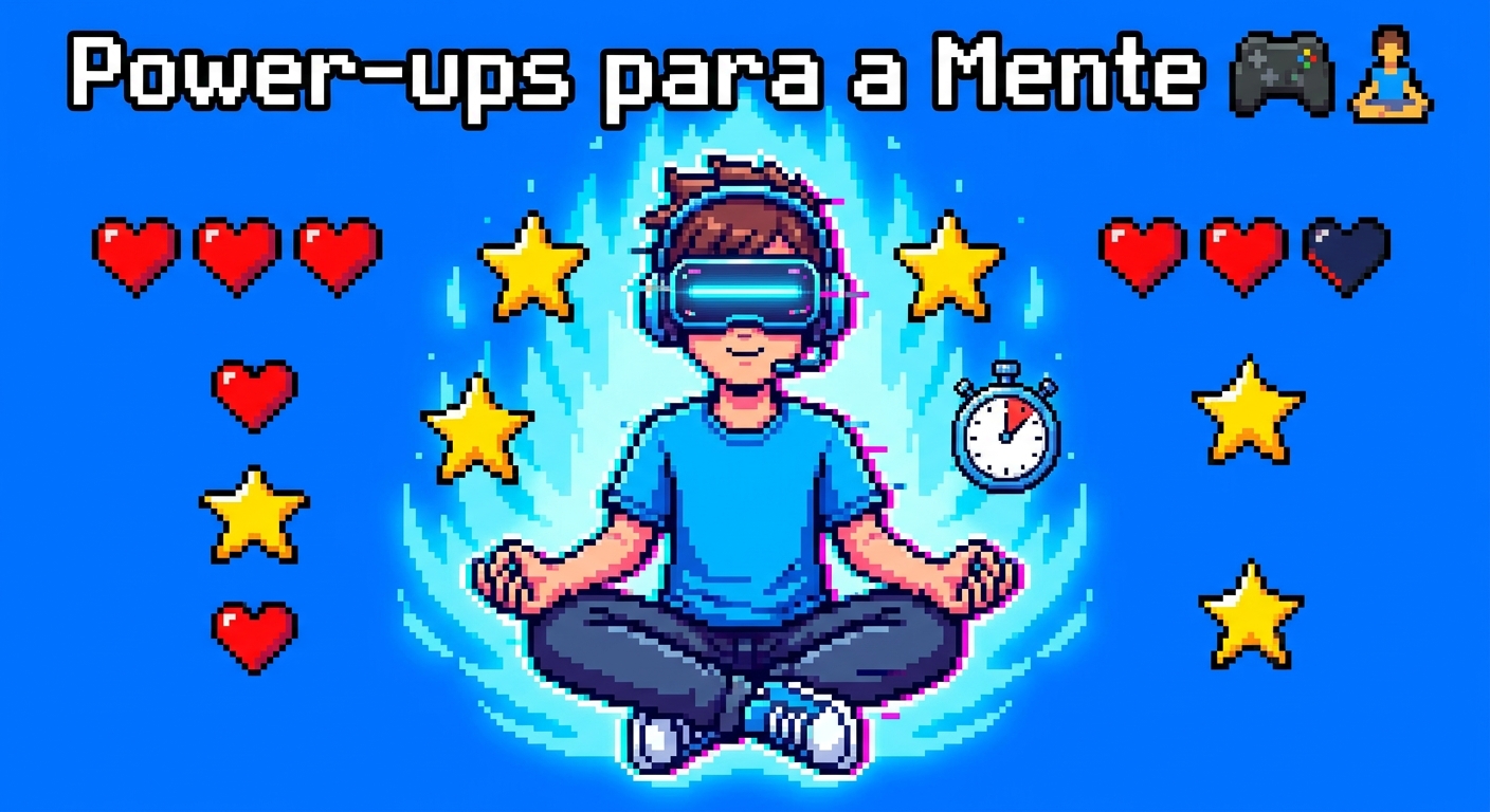 Ilustração vibrante de um gamer meditando com headset, cercado por power-ups e luzes azuis — Vitalizen Yoga e Meditação