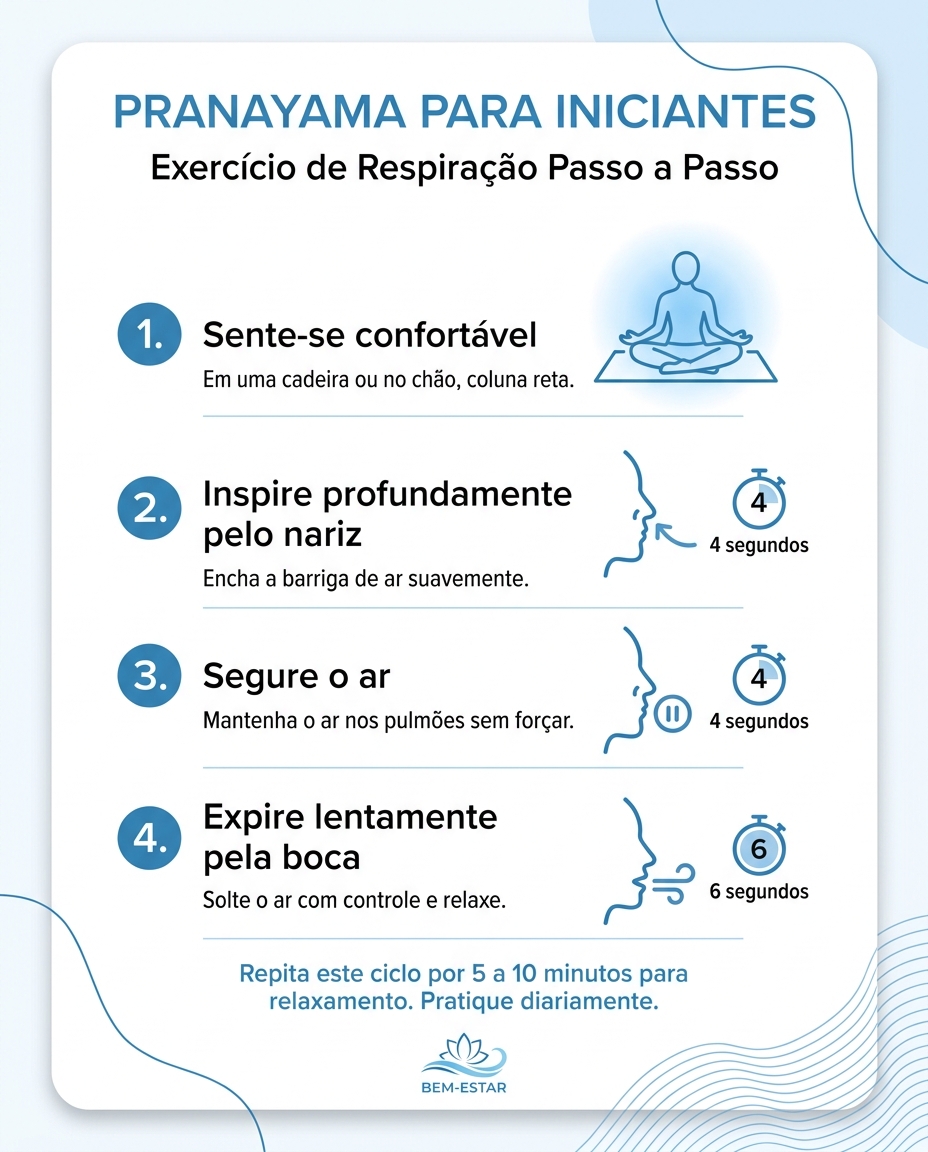 Card passo a passo de pranayama para iniciantes: técnicas de respiração guiada com 4 etapas ilustradas