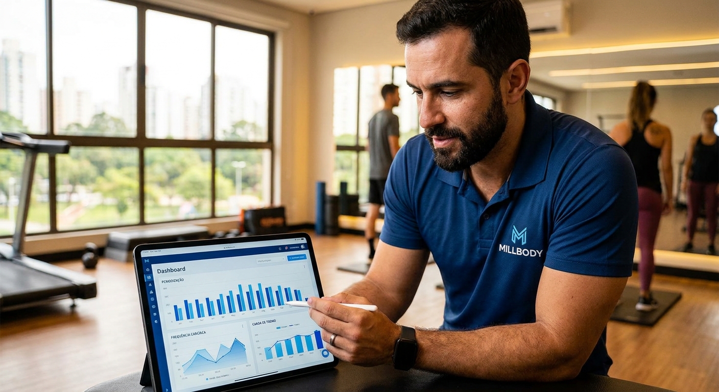 Preparador de atletas analisando dados de performance no dashboard Personal Millbody