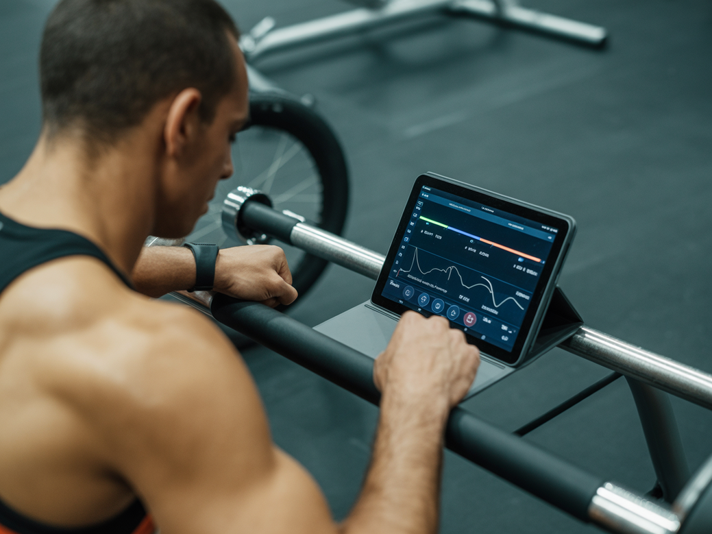 Preparador físico de atletas analisando dados de performance em um tablet com a tecnologia Millbody.