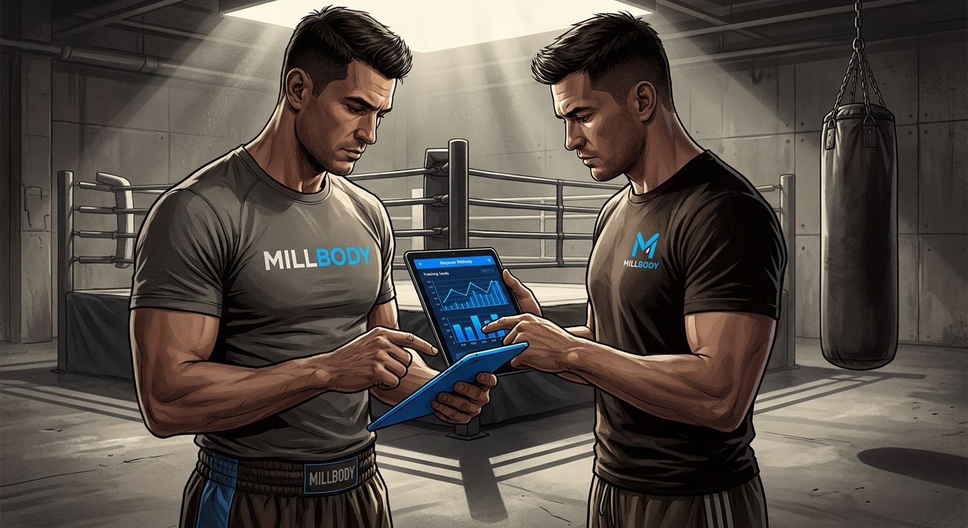 Preparador de atletas de Muay Thai usando o app Personal Millbody com gráficos de carga de treino