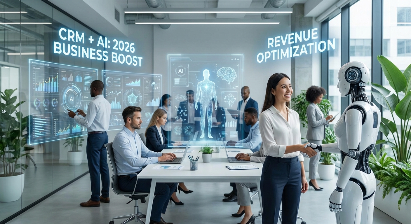 Ilustração futurista mostrando a fusão de estratégias para CRM e Inteligência Artificial para otimizar resultados de negócios em 2026.