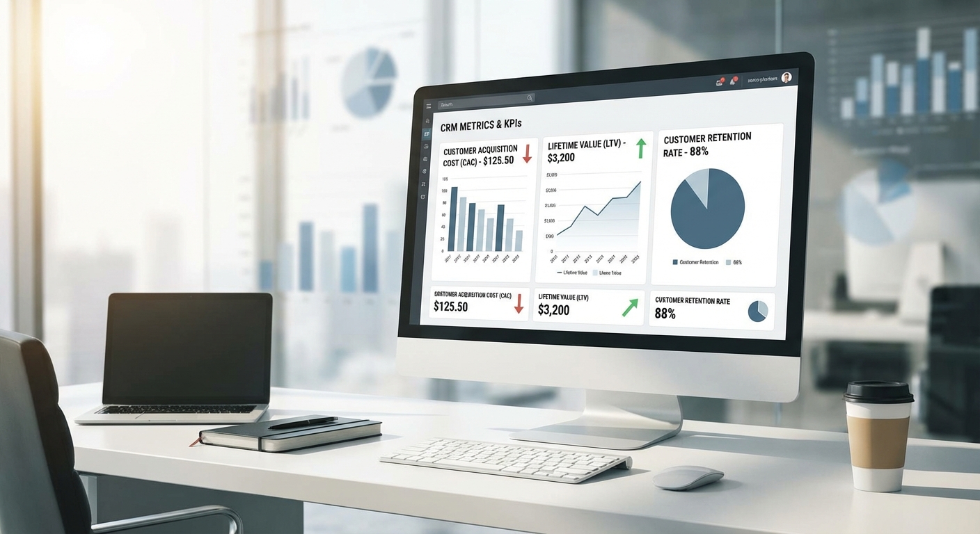 Dashboard de um software de CRM exibindo métricas e KPIs como Custo de Aquisição de Cliente (CAC) e Lifetime Value (LTV).