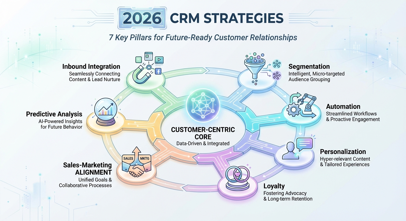 Infográfico detalhando as 7 principais estratégias para CRM em 2026, incluindo segmentação, automação e análise preditiva.