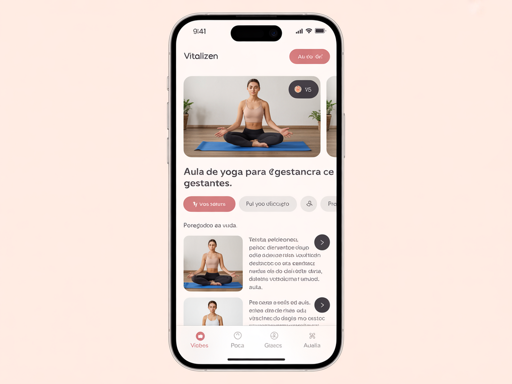 Interface do Vitalizen App mostrando uma aula de yoga online para gestante, destacando a facilidade de uso.
