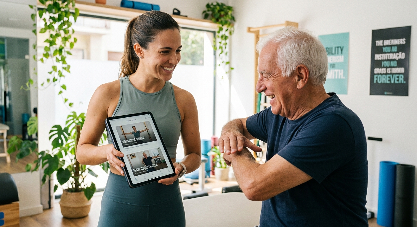 Profissional utilizando app para personal trainer em sessão de mobilidade articular