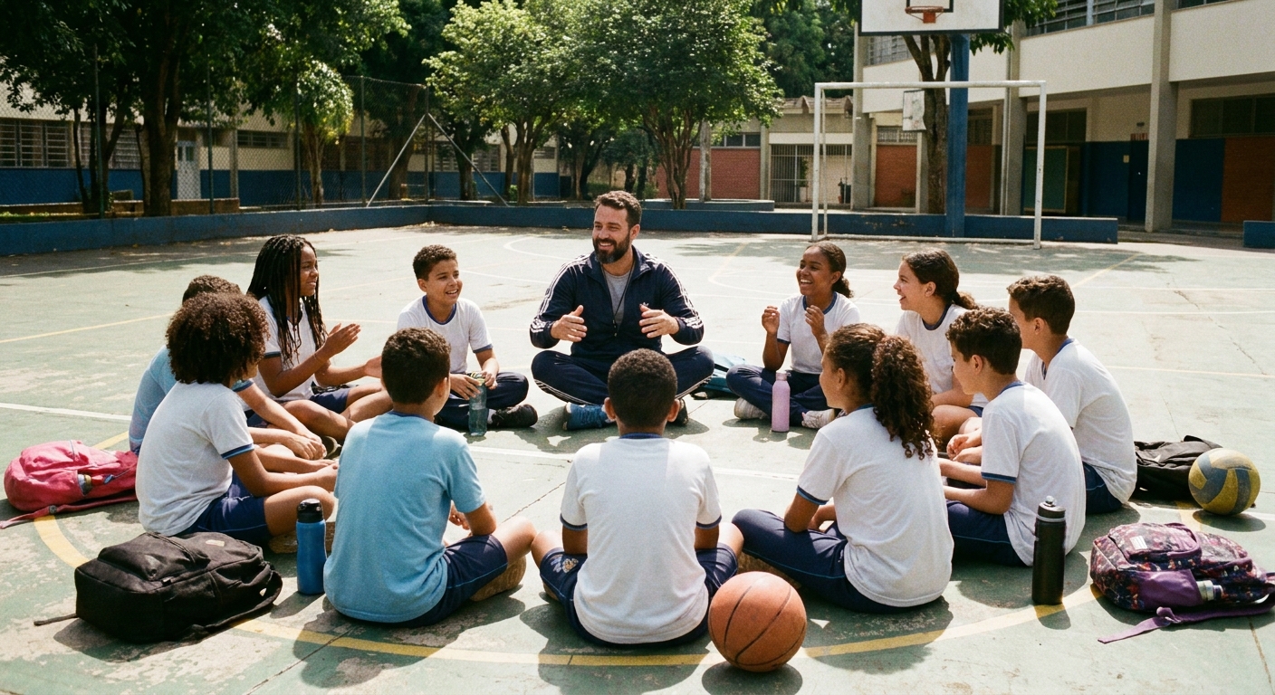 Professor de educação física em roda de conversa com alunos na quadra escolar, valorizando o aspecto humano e social da educação física