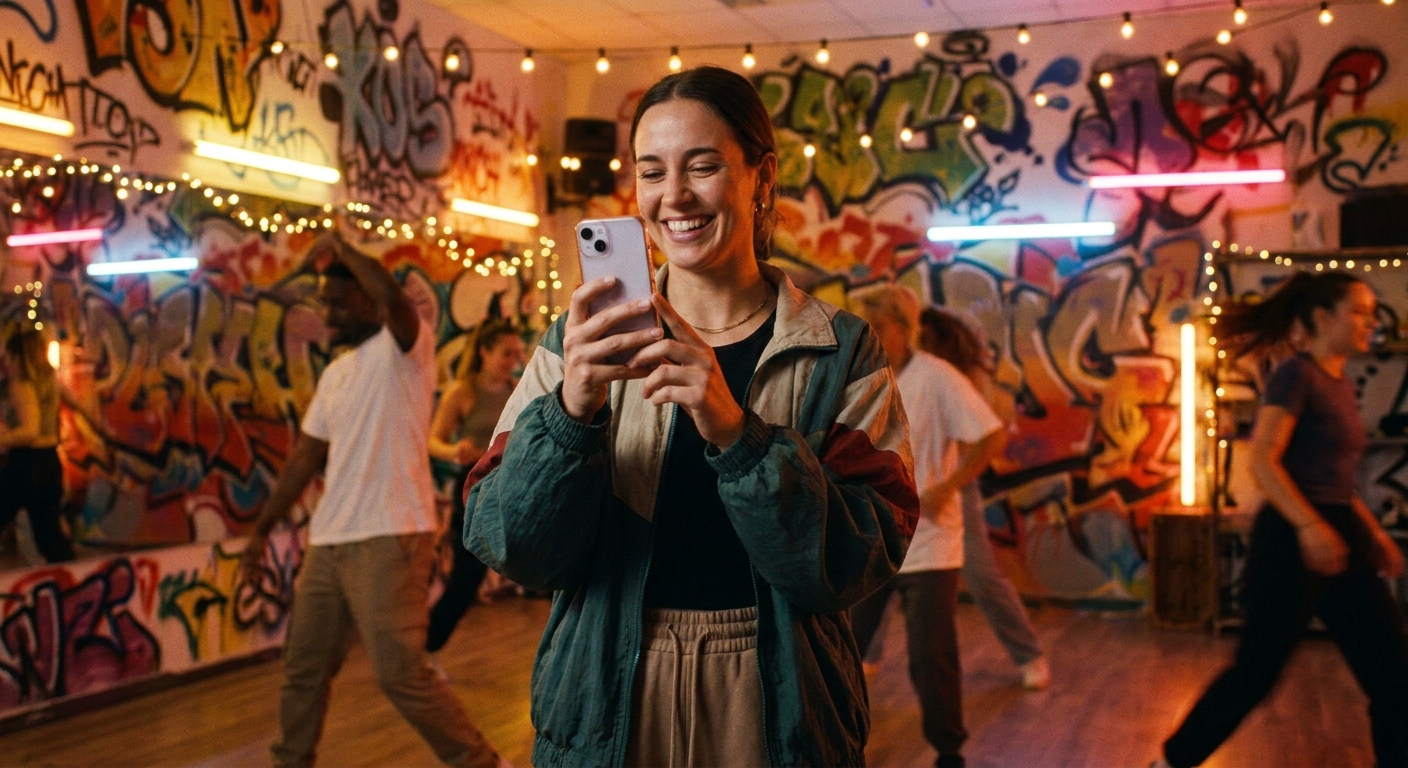 Professor de dança urbana segurando celular com sorriso genuíno em estúdio com luzes coloridas