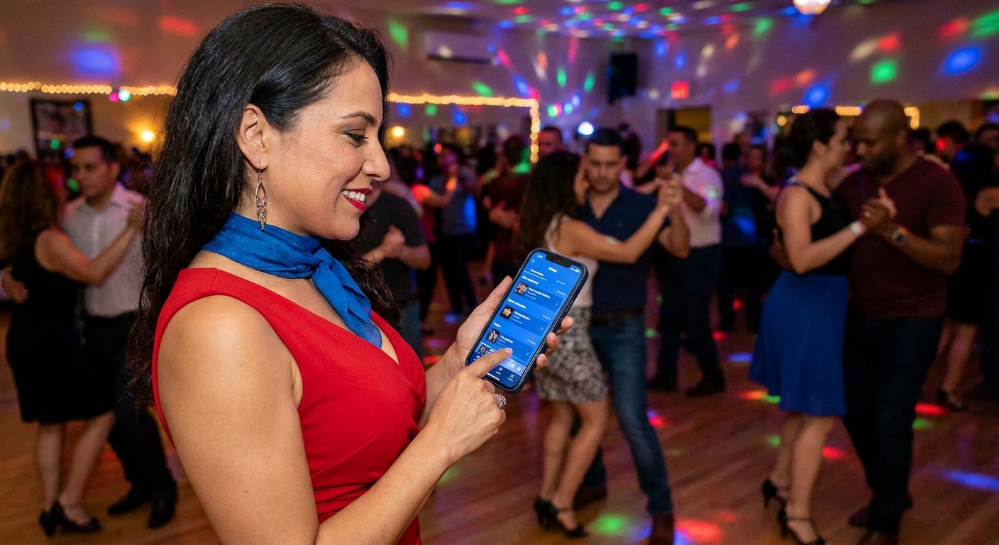 App para professor de dança - Personal Millbody Professor de dança latina usando aplicativo Personal Millbody no smartphone com fundo de luzes coloridas