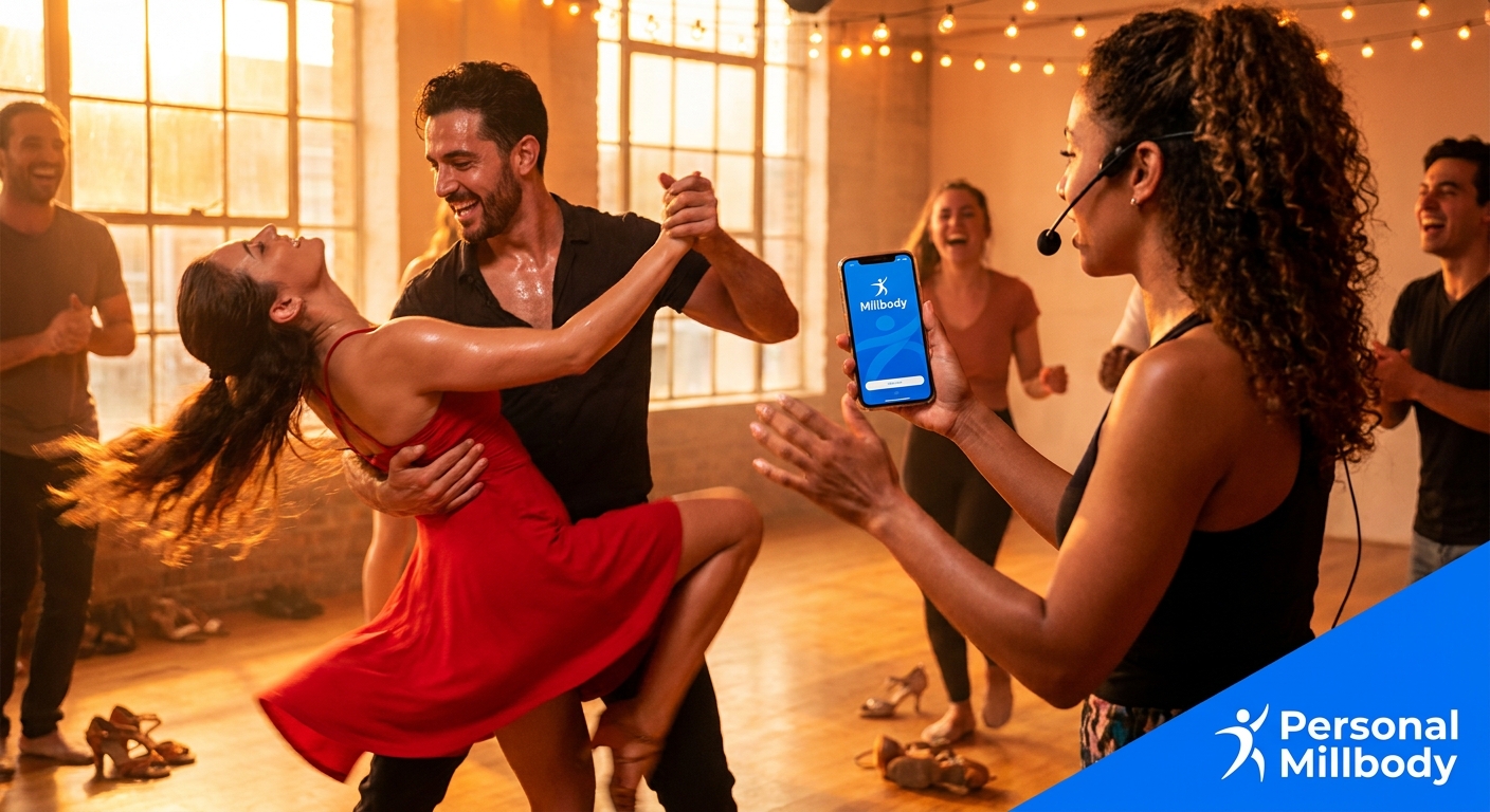 Professor de dança latina com Personal Trainer Danças Latinas App Professor de dança latina usando app Personal Trainin Danças Latinas para gerenciar aulas de salsa e bachata
