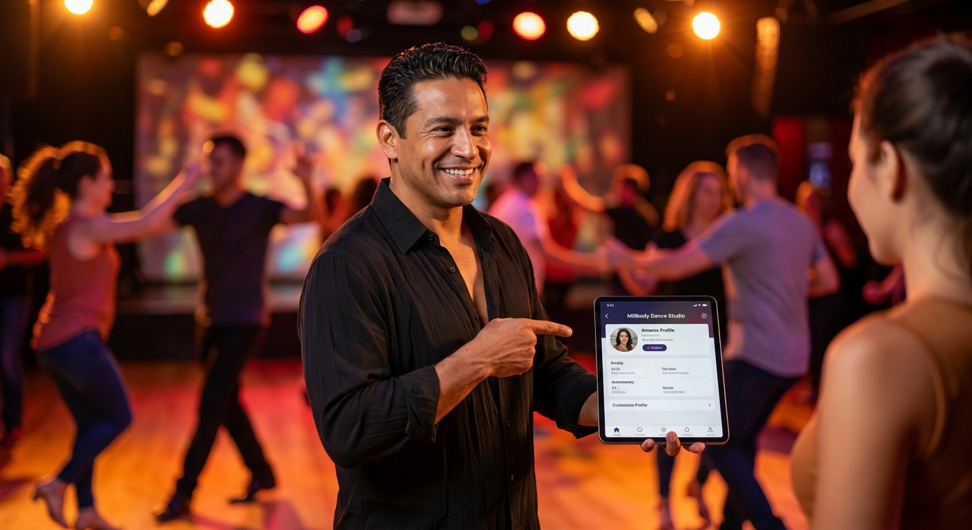 Professor de danças latinas usando o app Millbody personalizado para dar aula ao vivo