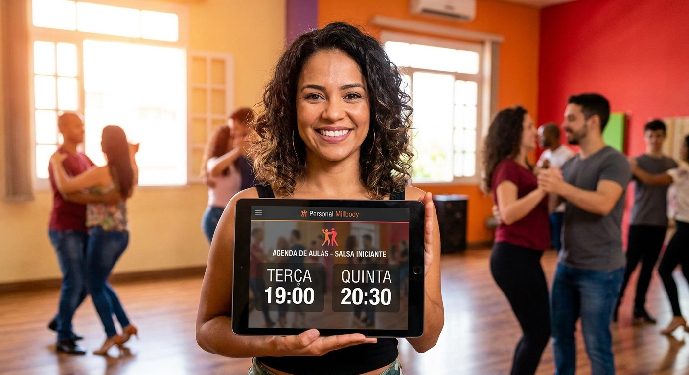 Professor de dança latina usando app Personal Millbody para organizar aula progressiva de salsa com alunos ao fundo