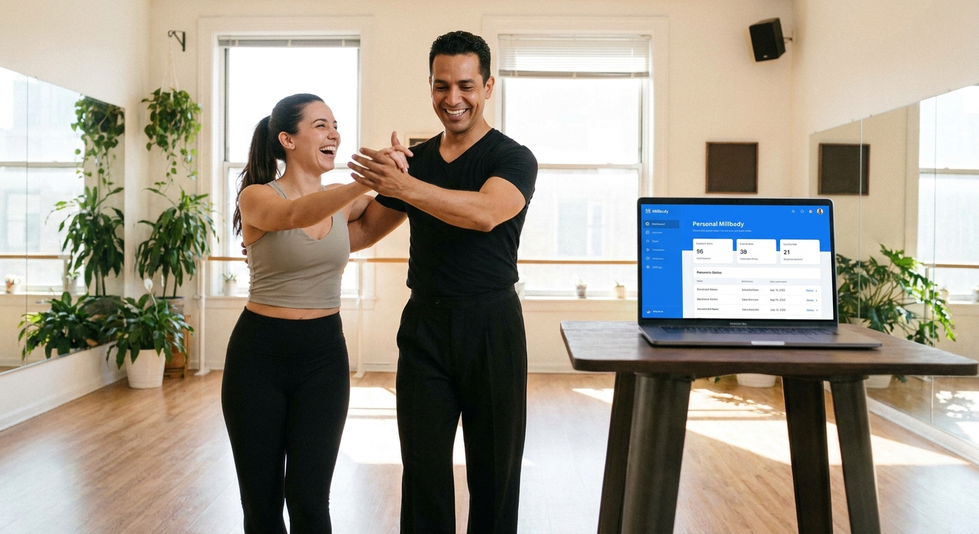 Professor de dança latina ensinando salsa em estúdio com suporte do Personal Millbody