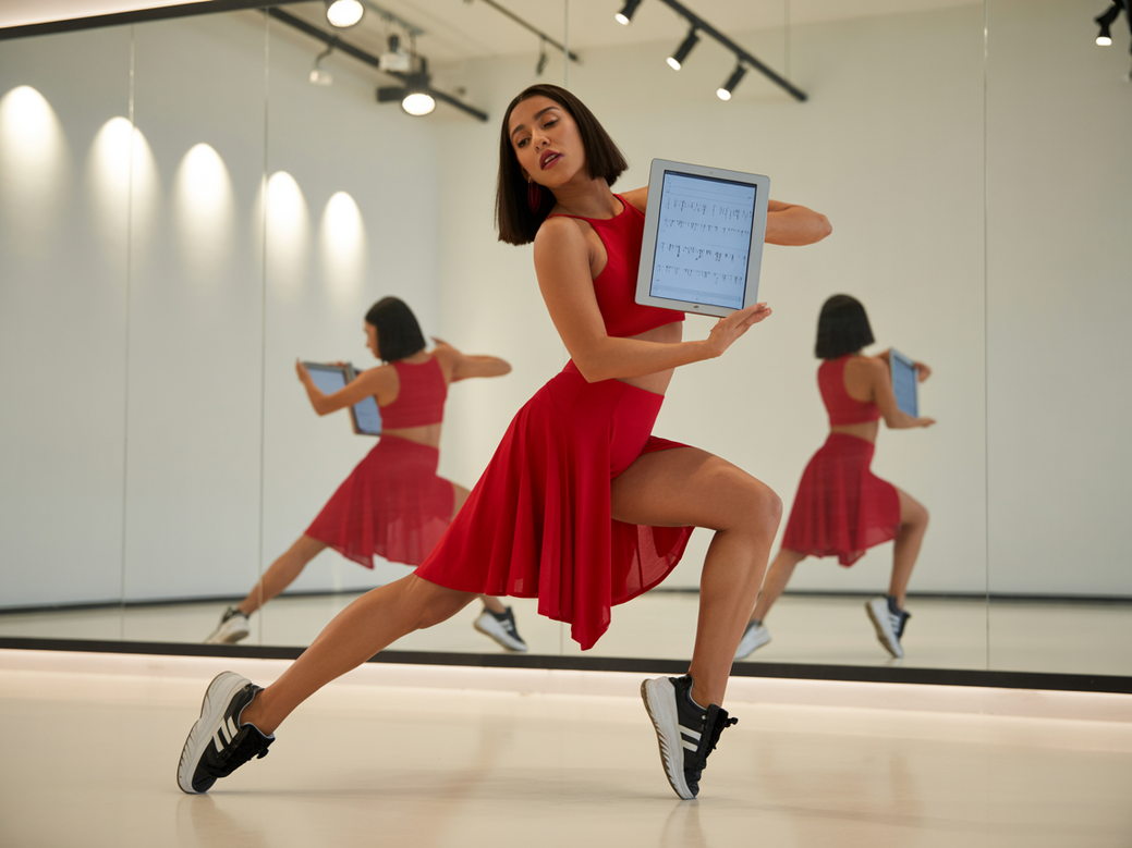 A Latin dance instructor uses a tablet with Latin dance terms to manage classes, showcasing professionalization through technology.