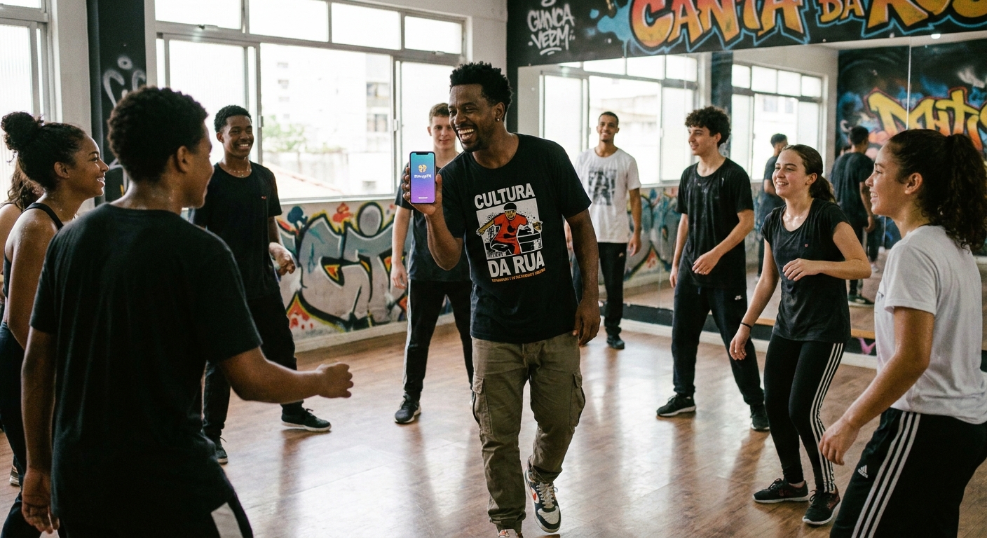Professor de dança urbana usando aplicativo Personal Millbody com alunos jovens no estúdio