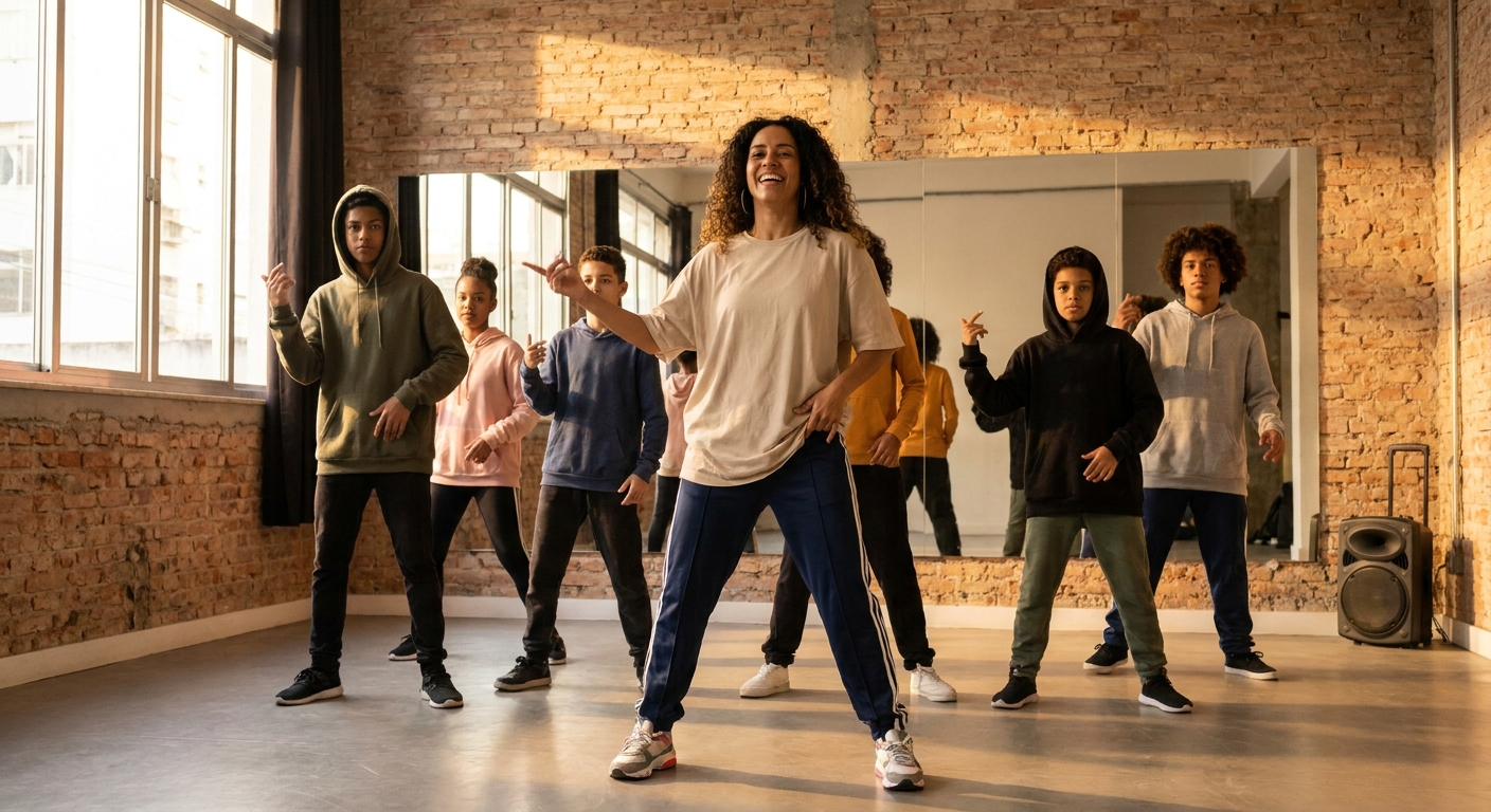 Aplicativo de dança para professores engajar alunos jovens Professor de dança urbana usando aplicativo de dança para professores - Personal Millbody