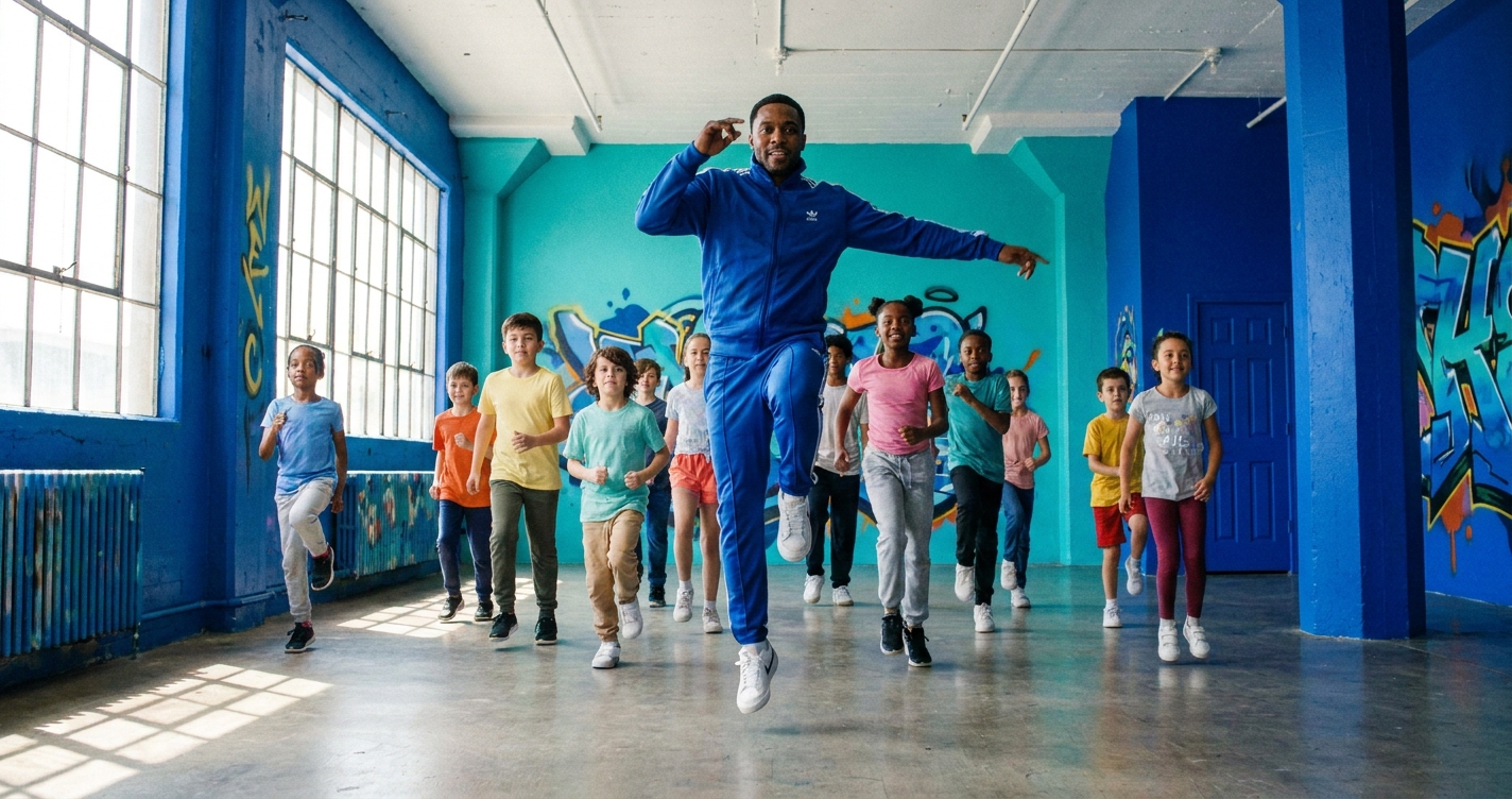 Professor de dança urbana ensinando jovens em estúdio vibrante