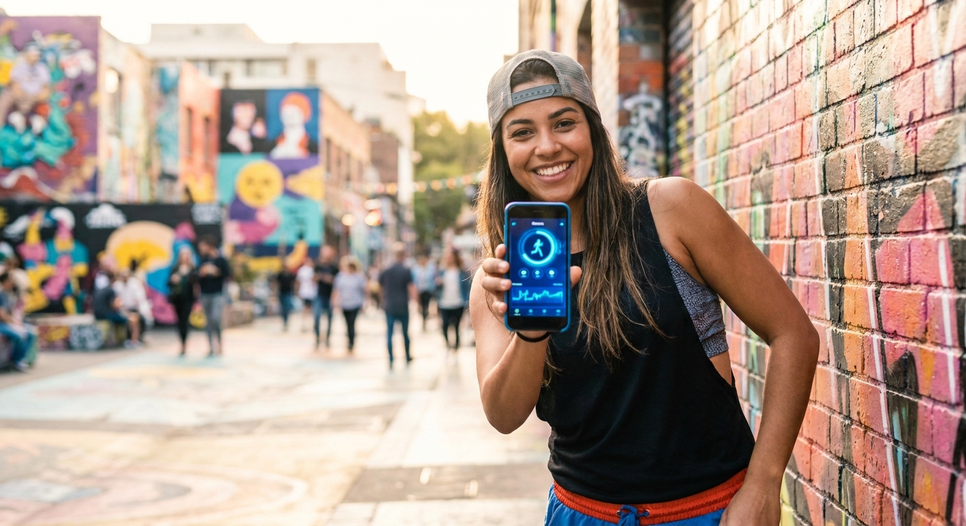 Professor de dança urbana usando smartphone com app Millbody para gestão de aulas