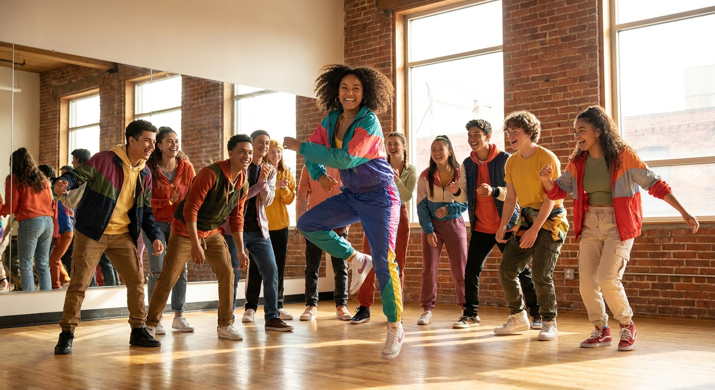 Professor de dança urbana dando aula para alunos em estúdio