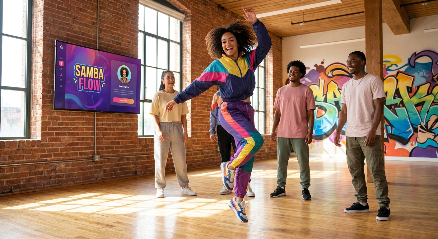 Professor de dança urbana usando o app Personal Millbody na TV com alunos