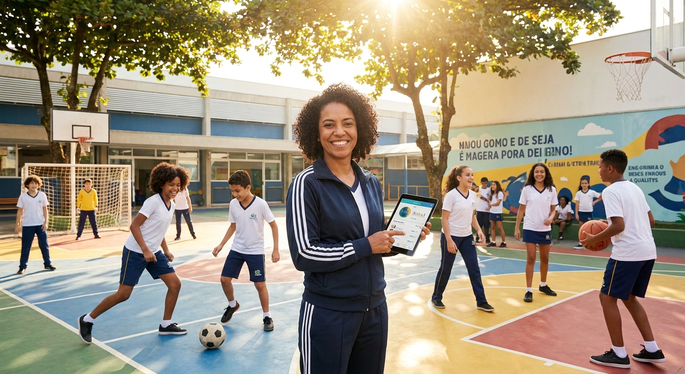 Professor de educação física usando app Personal Millbody com alunos