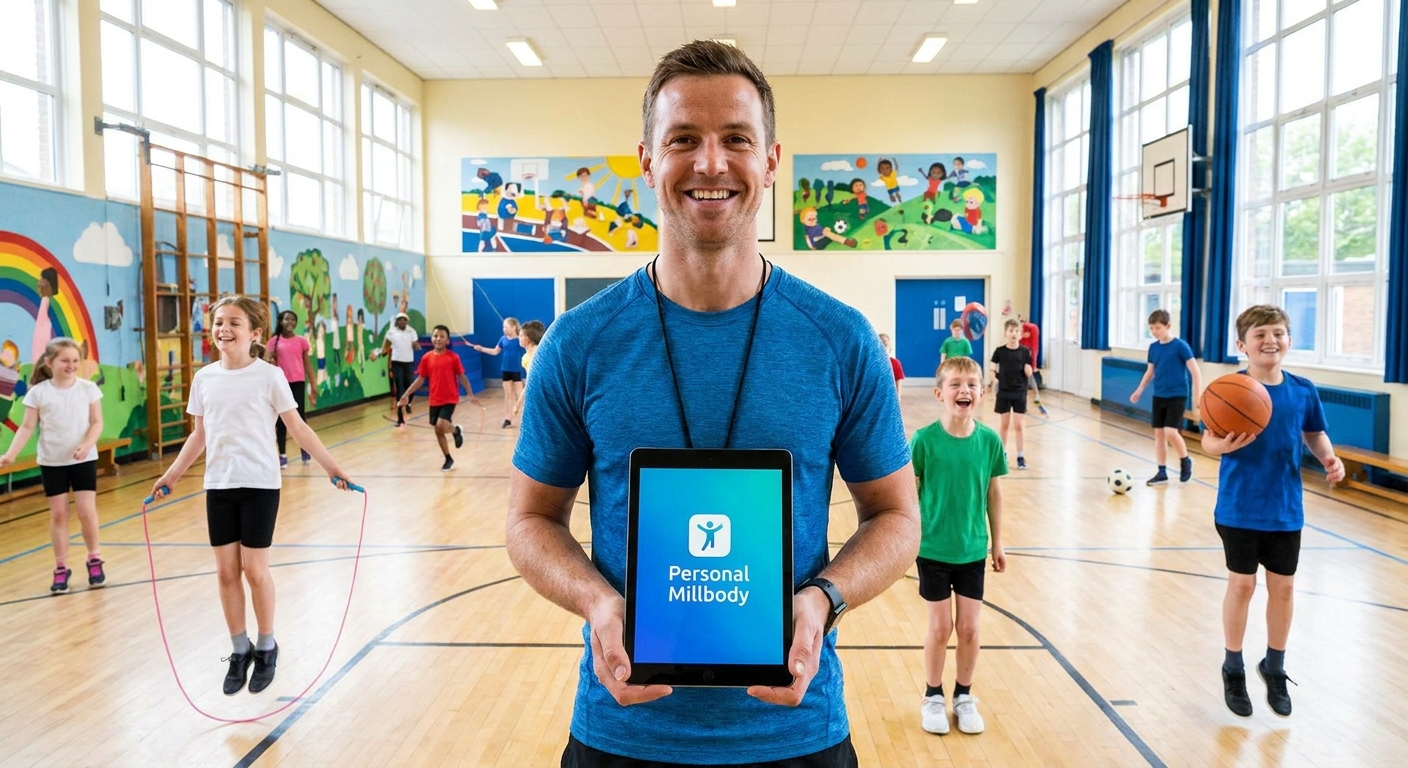 Professor de educação física usando app Personal Millbody na escola com alunos praticando atividades