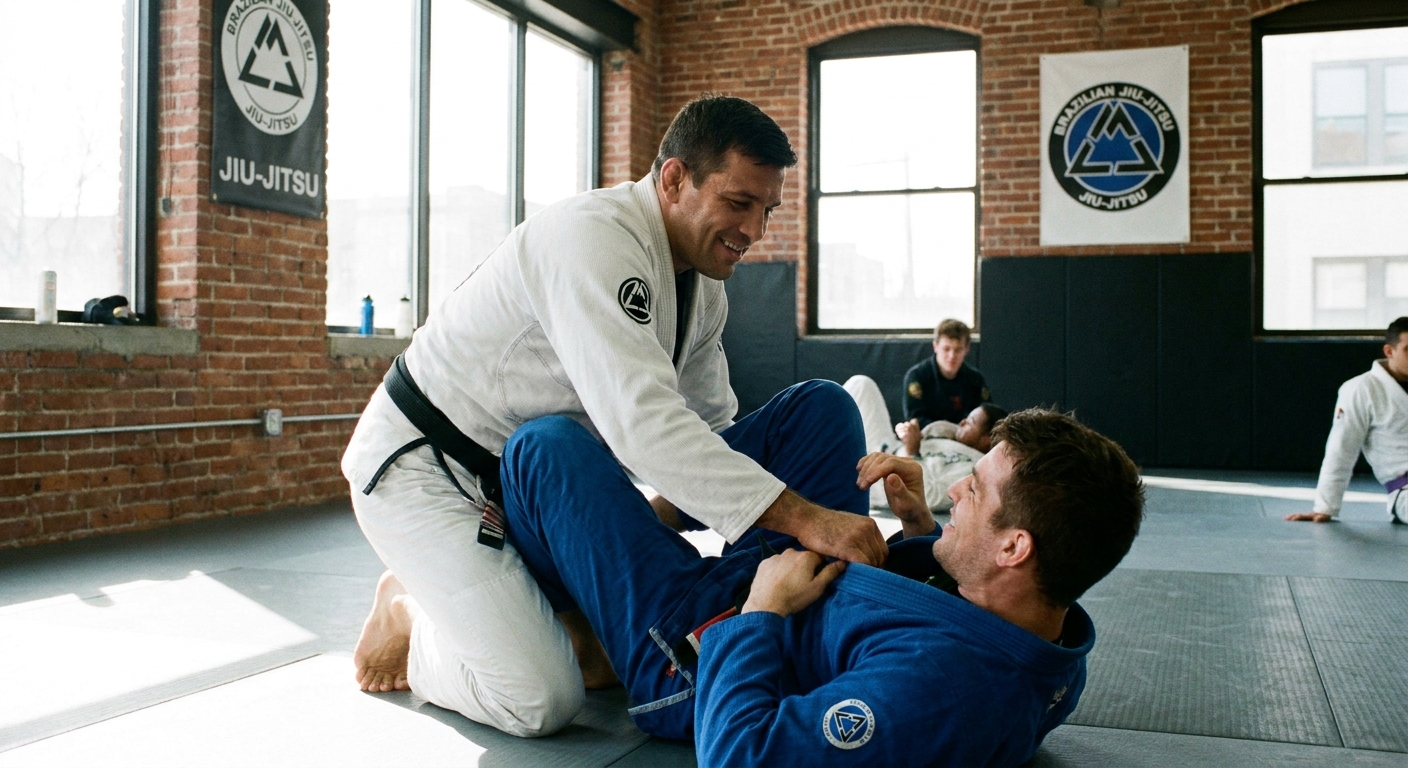 Professor de jiu-jitsu ensinando a posição de guarda fechada em um tatame