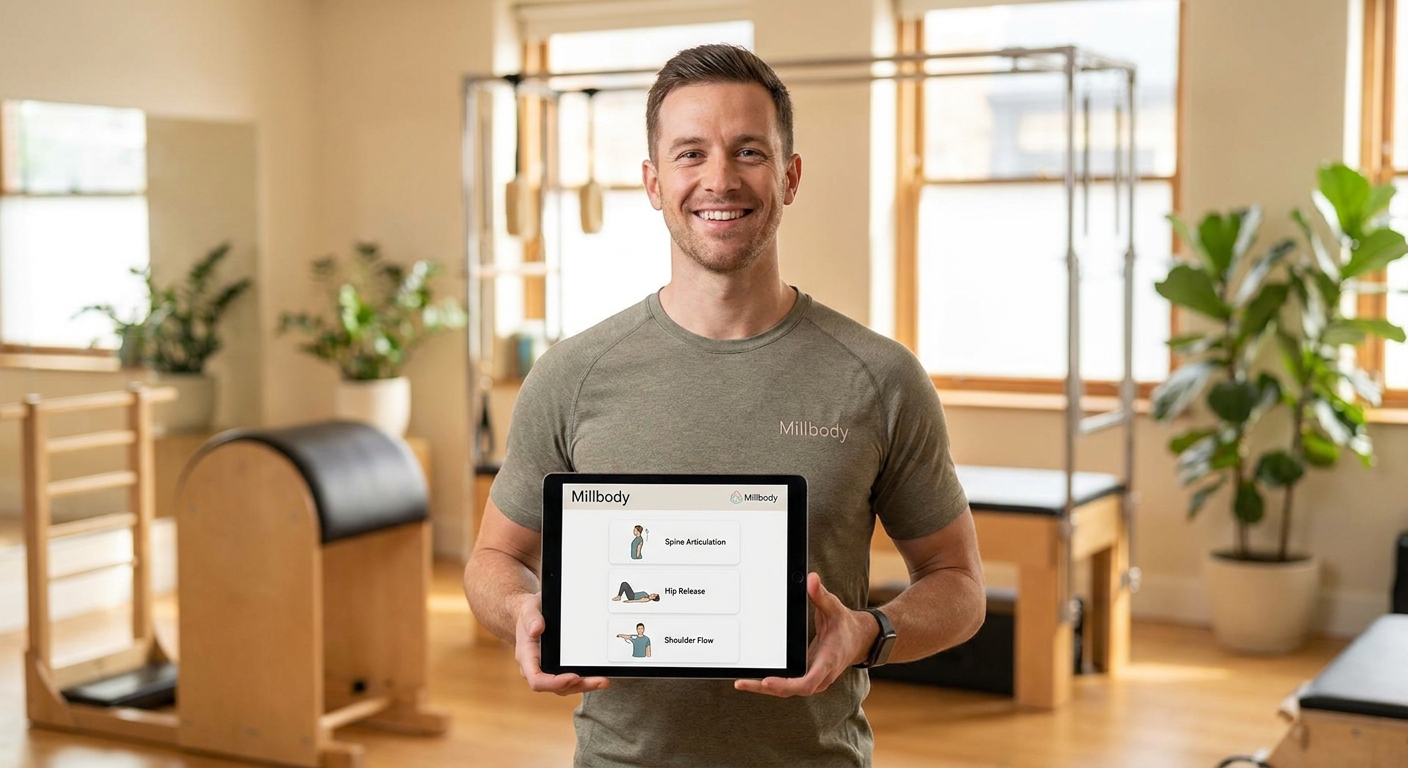 Professor de pilates usando aplicativo personalizado Millbody no tablet mostrando sequência de mobilidade