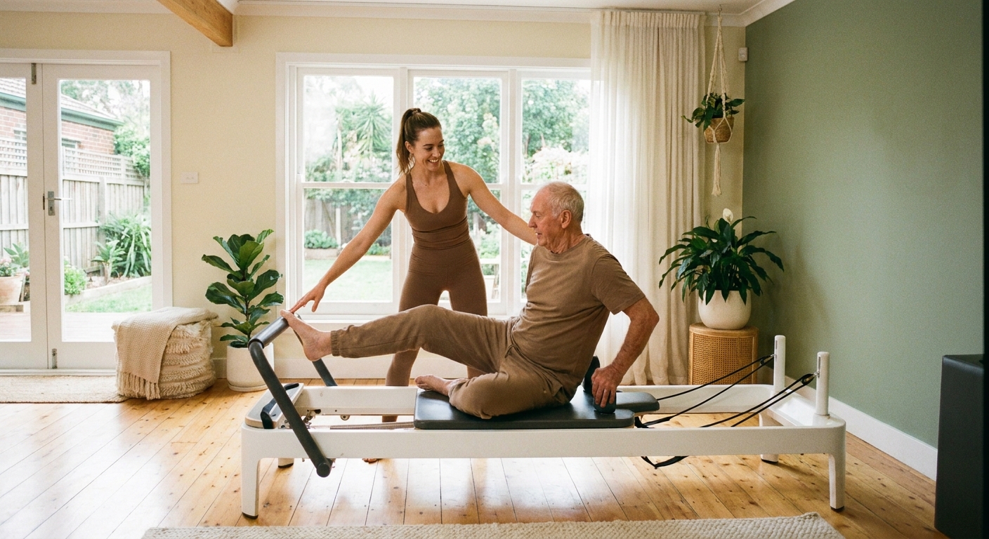 Professor de Pilates auxiliando aluno em exercício de mobilidade com Personal Millbody