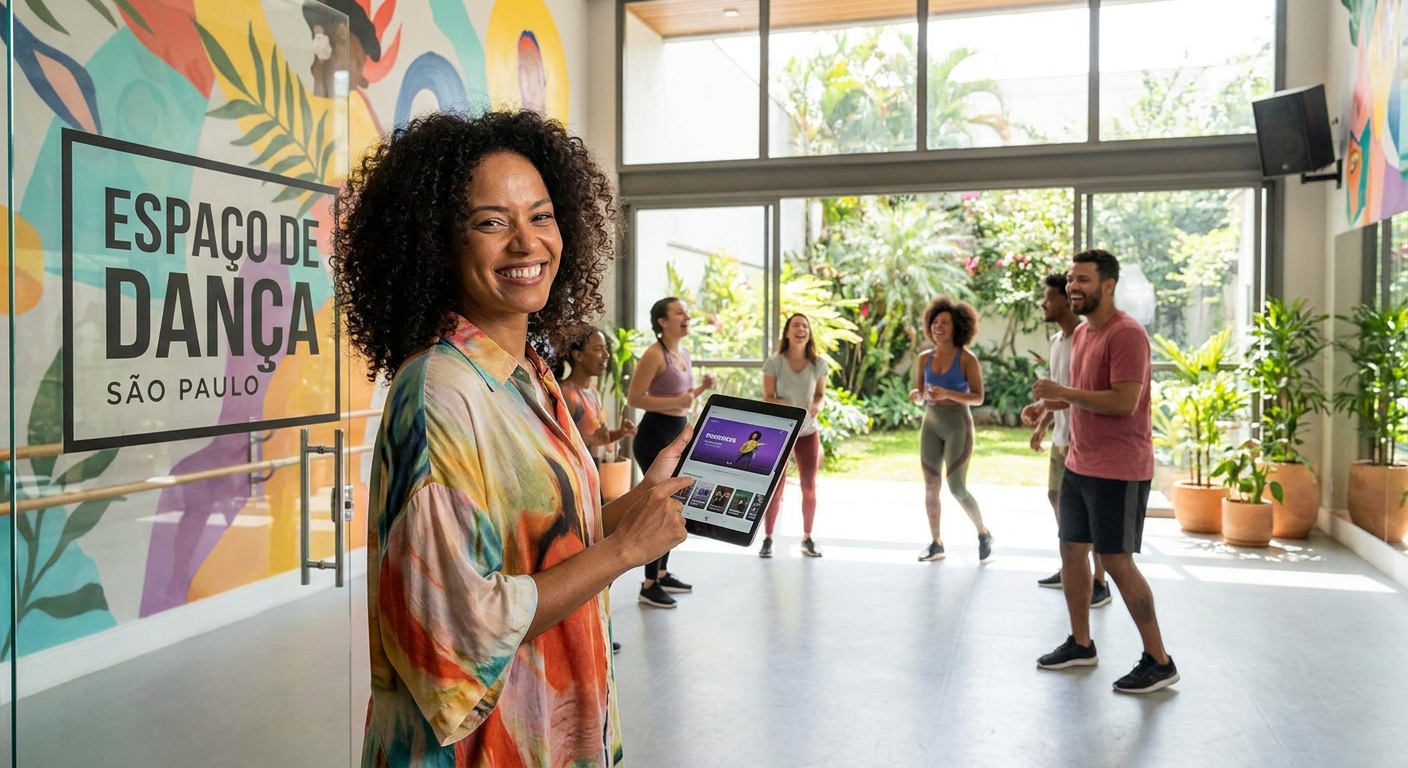 Professora de dança usando aplicativo Personal Millbody para gerenciar aulas