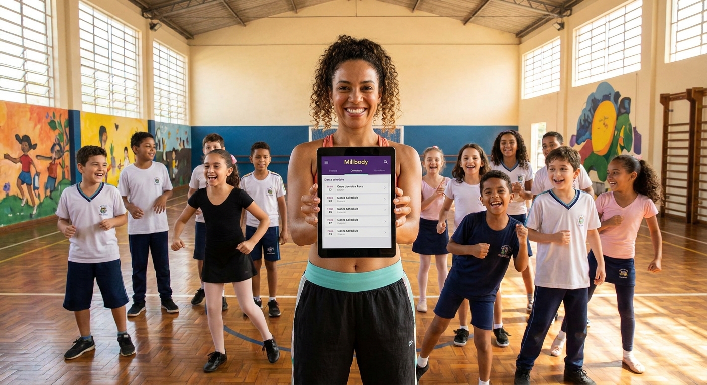 Professora de dança escolar utilizando o Personal Millbody com alunos