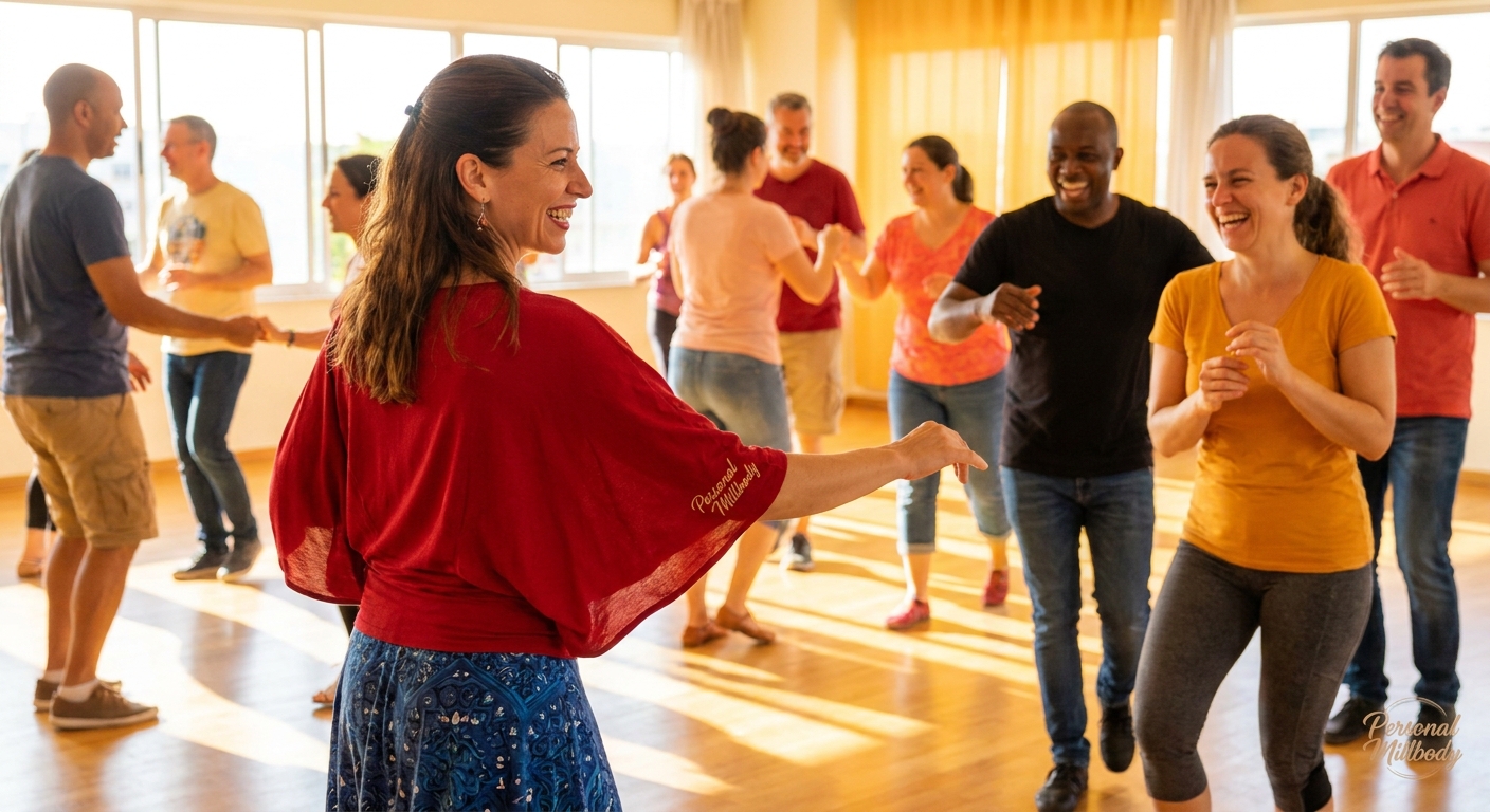 Professora de dança latina sorrindo enquanto ensina salsa para alunos em estúdio vibrante