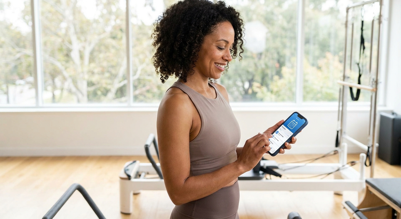 Professora de Pilates sorrindo usando app para professor de Pilates Millbody no smartphone para criar sequências guiadas de mobilidade e postura