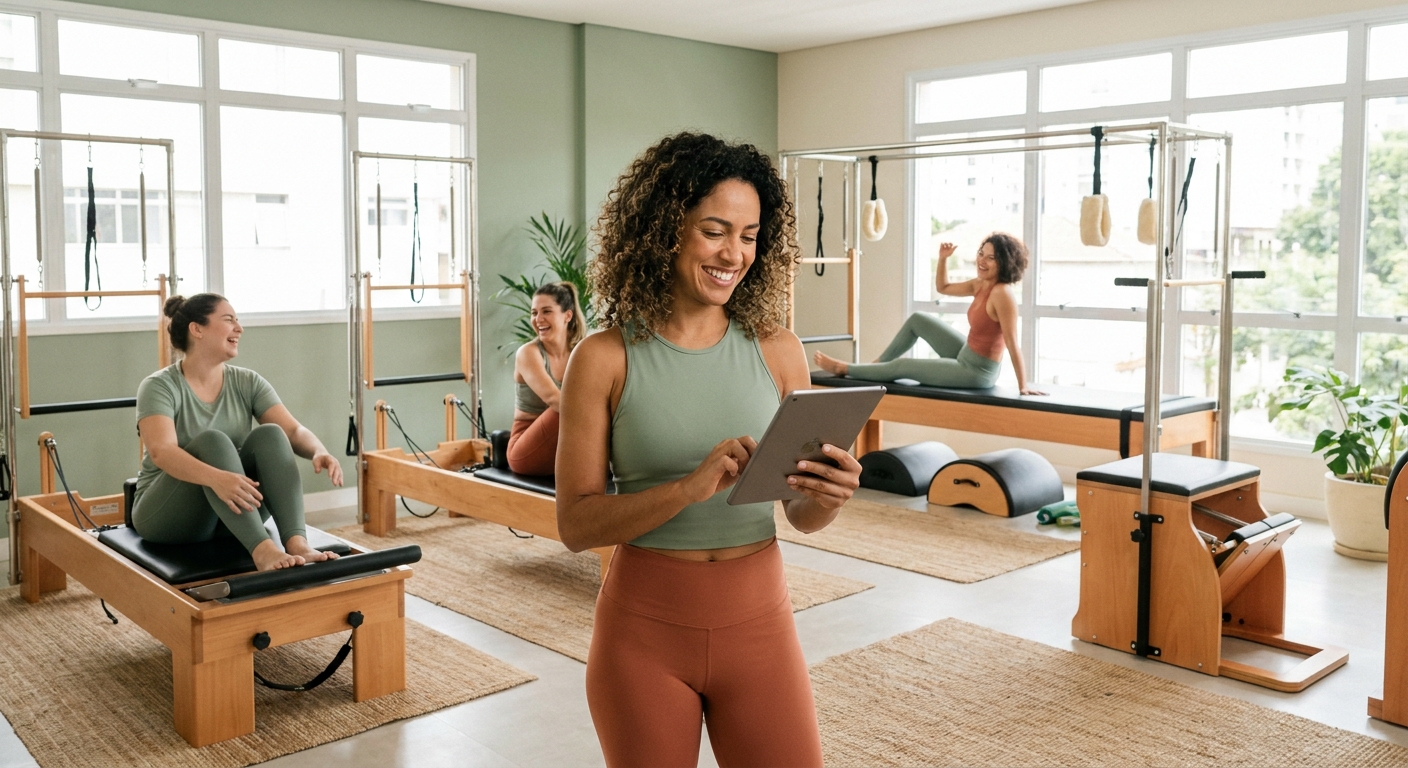 Professora de Pilates usando app Personal Millbody em tablet com alunos praticando no estúdio