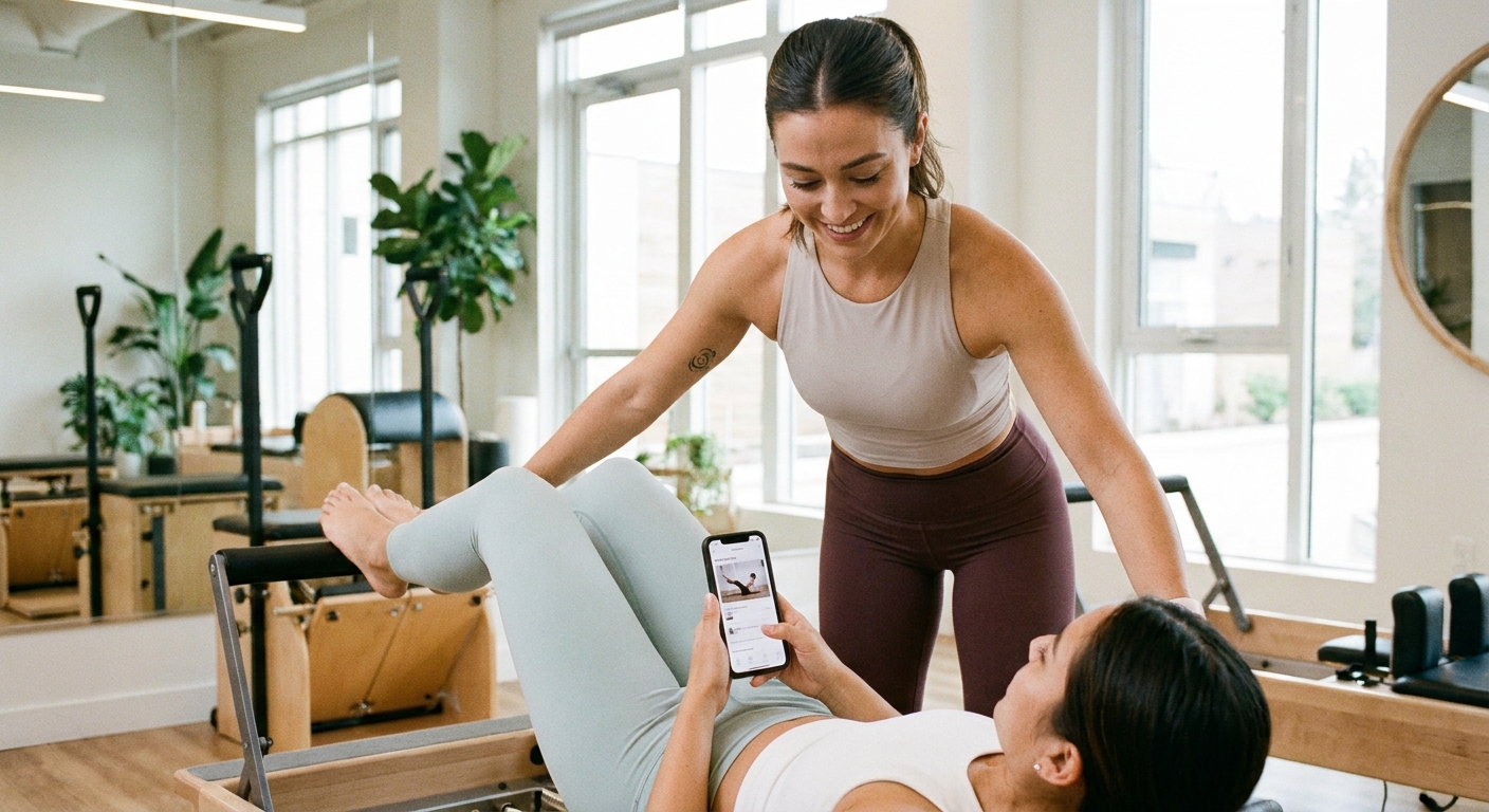 professora de pilates ajudando aluna com exercício de mobilidade usando aplicativo de treino no celular
