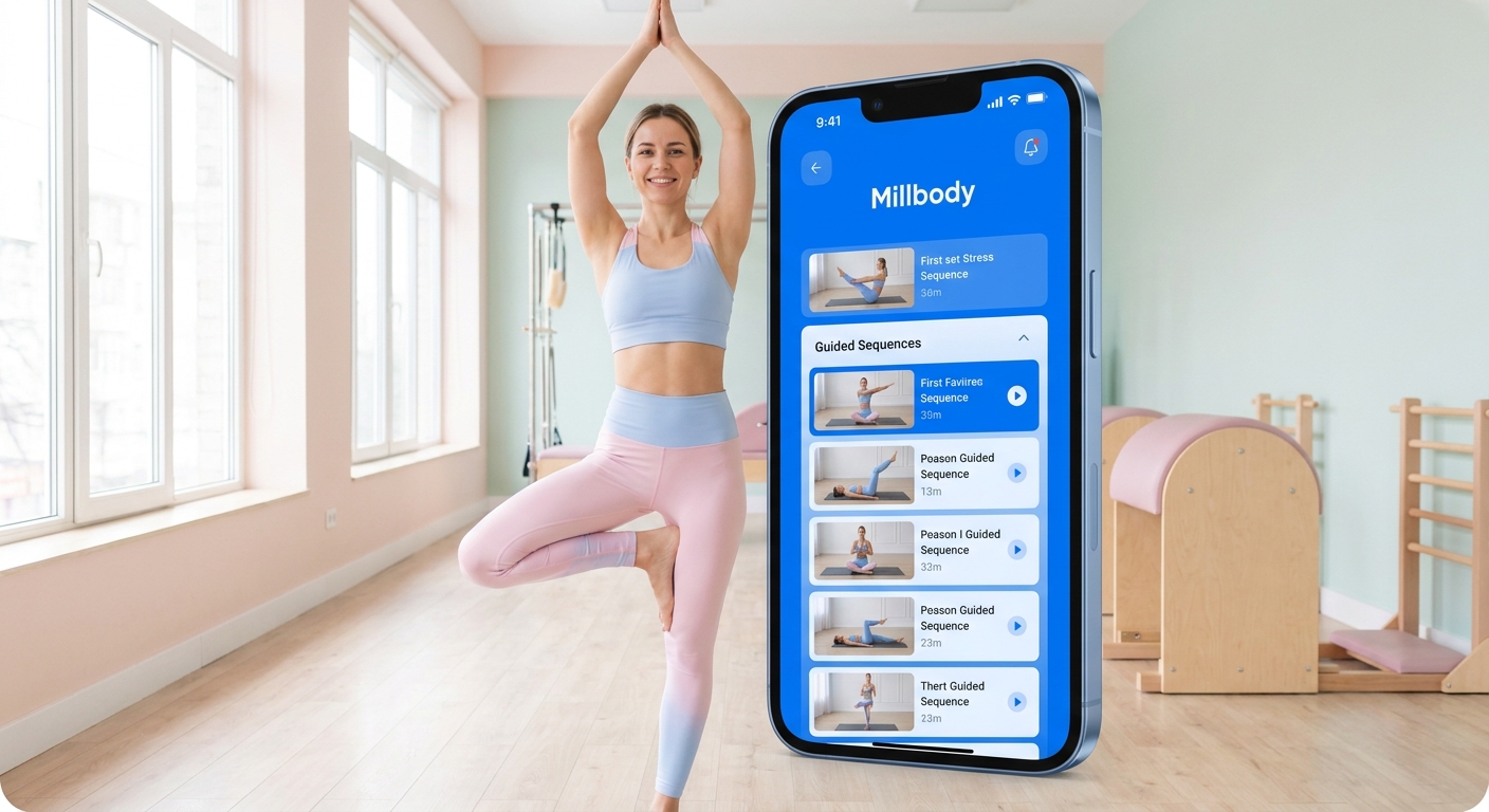 Professora de pilates com app Millbody Professora de pilates utilizando app personalizado Millbody em tablet