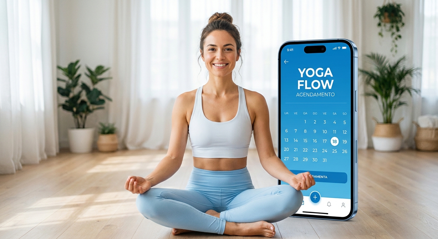 Professora de Yoga utilizando o aplicativo Personal Millbody para gerenciar seu negócio