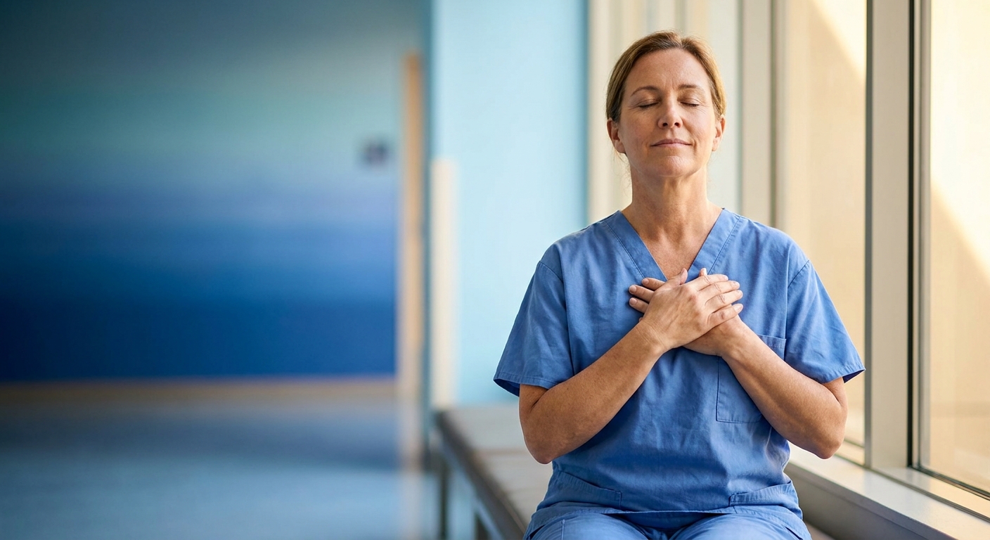Profissional de saúde em pausa consciente para meditação e recarga energética