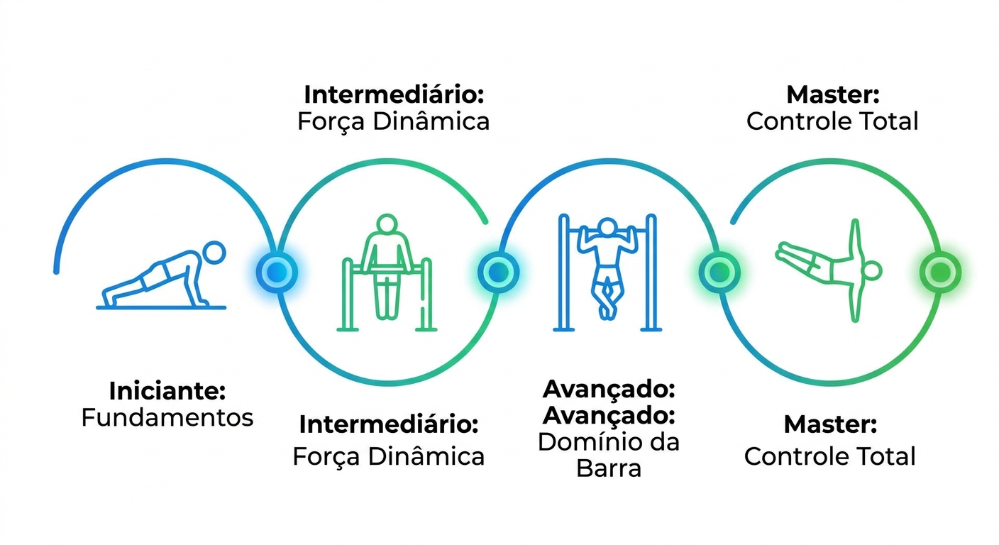 Infográfico de progressão da calistenia com níveis iniciante, intermediário, avançado e master, ideal para app para personal trainer de calistenia