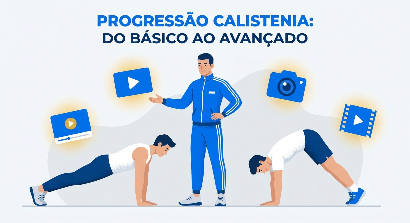 Instrutor demonstrando progressão por níveis na calistenia para personal trainer com registro em vídeo