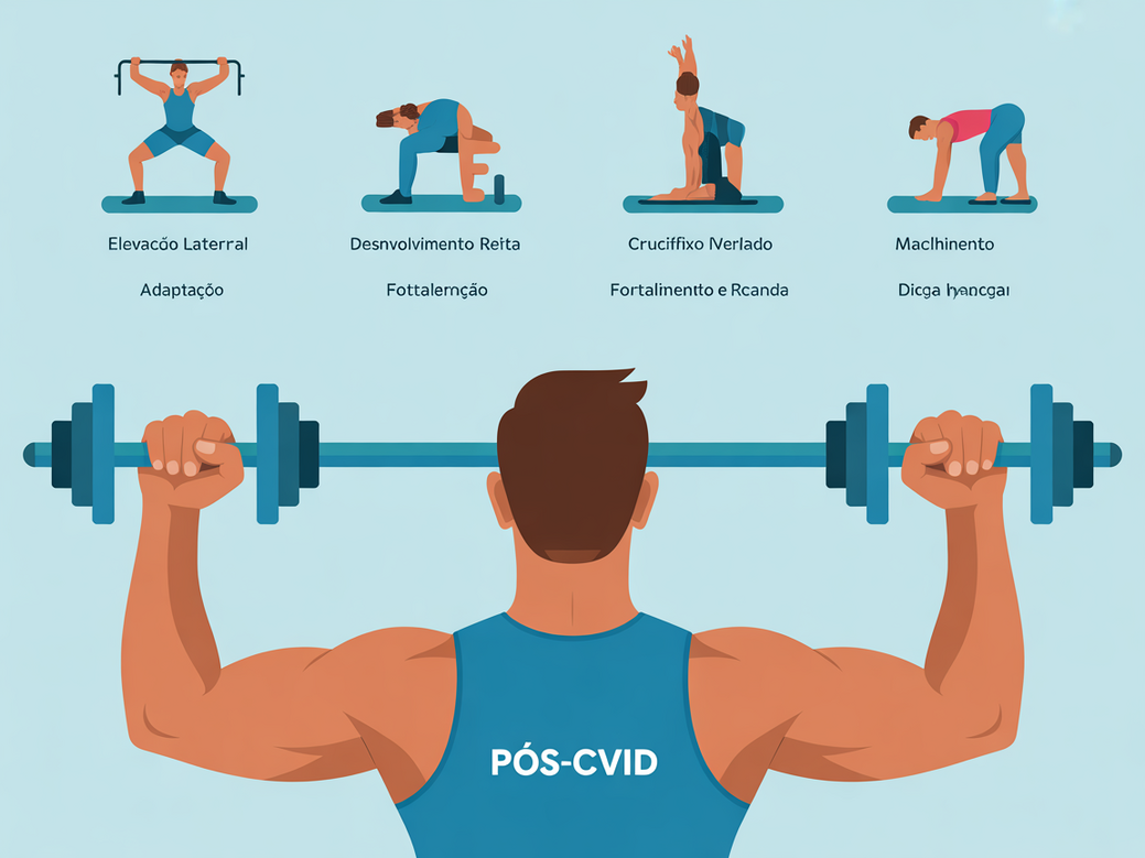 Infográfico com protocolo de progressão para treino de ombro pós-covid, mostrando as fases de adaptação, fortalecimento e manutenção.