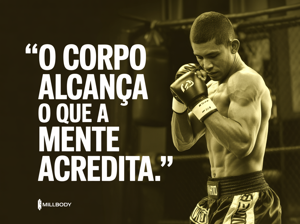 Cartão de citação com a frase motivacional de Muay Thai: O corpo alcança o que a mente acredita.