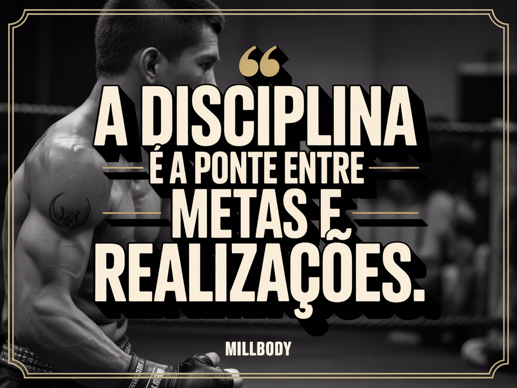 Cartão de citação com a frase de inspiração do Muay Thai: A disciplina é a ponte entre metas e realizações.