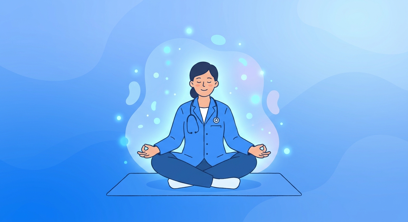 Profissional de saúde em pausa consciente com meditação para recarga energética após plantão hospitalar