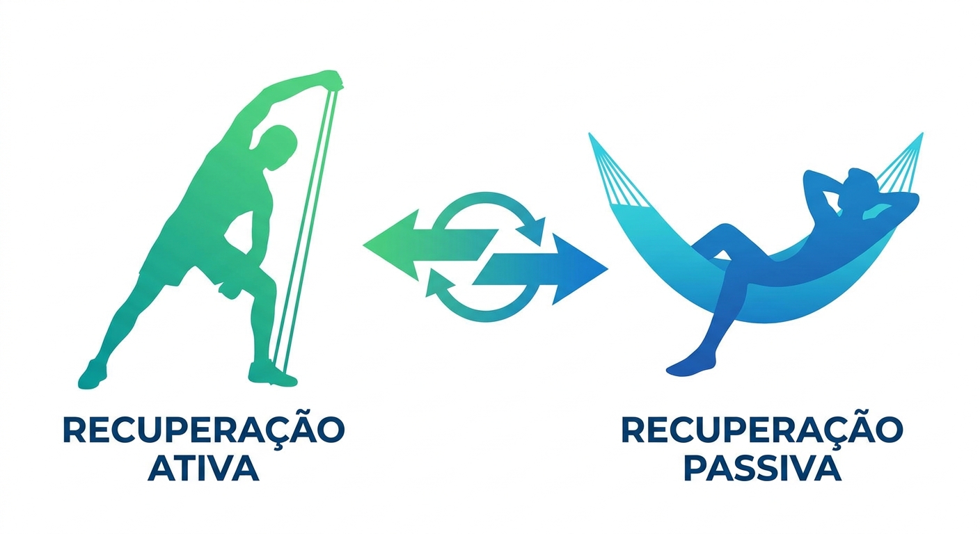 Duas silhuetas: uma alongando (recuperação ativa) e outra descansando (recuperação passiva) — comparação entre os dois tipos de recuperação