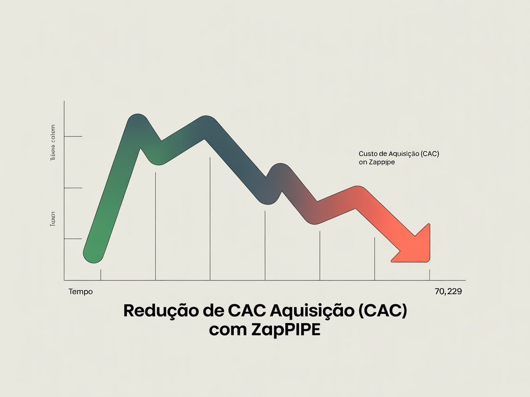 Gráfico mostrando a redução acentuada do Custo de Aquisição de Cliente (CAC) ao longo do tempo com o uso de um CRM com IA como o Zappipe em 2026.