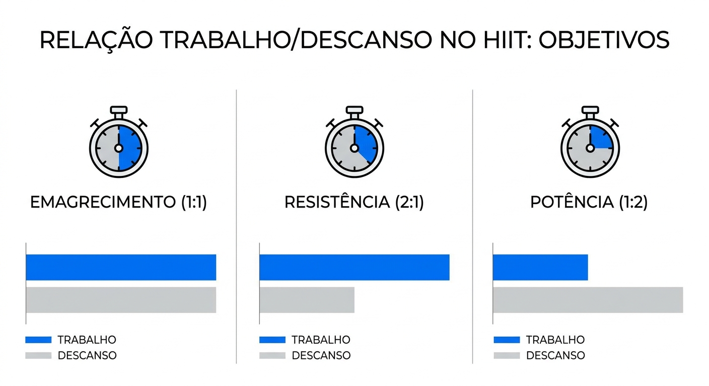 Tabela da relação trabalho descanso HIIT para emagrecimento, resistência e potência