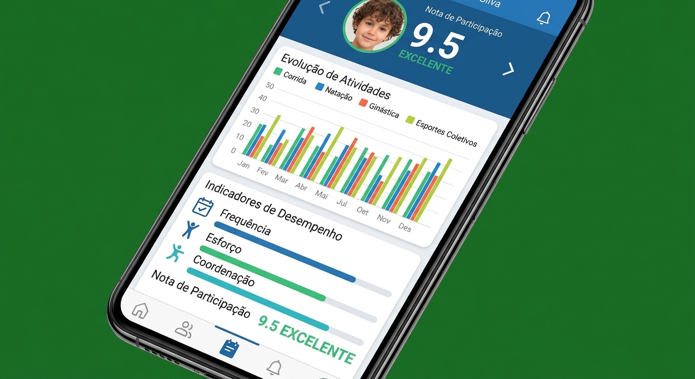 Relatório de progresso físico infantil para pais gerado pelo aplicativo para educador físico da Personal Millbody