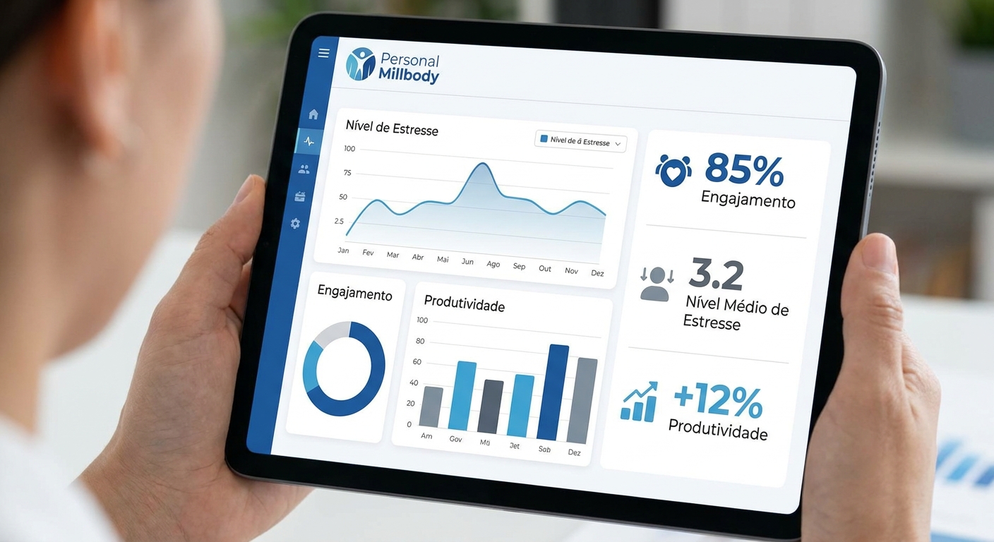 Dashboard do Personal Millbody exibindo relatórios de saúde ocupacional para departamento de RH